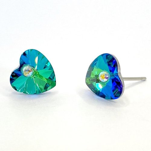Kristály fülbevaló bermuda blue színű színű, köves szív 10 mm