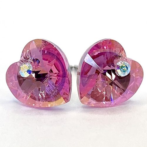 Kristály fülbevaló rose színű, köves szív 10 mm